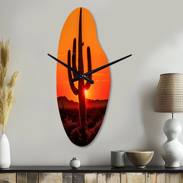 Orange Black Cactus Desert Sunset Saguaro - Asymmetric Metal Wall Clock